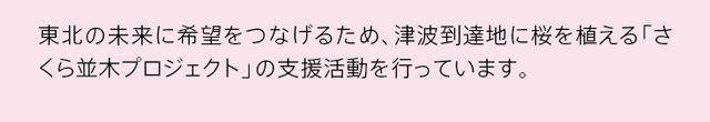 寄付は上野の桜の保全や東北のさくら並木プロジェクトに活かされます 上野桜守の会 上野の桜を守り育て、また桜について学ぶことを目的に結成。桜の健康管理、若木の育成のほか、観察会や勉強会を行っています。 NPO法人
さくら並木ネットワーク 東北の未来に希望をつなげるため、津波到達地に桜を植える「さくら並木プロジェクト」の支援活動を行っています。 